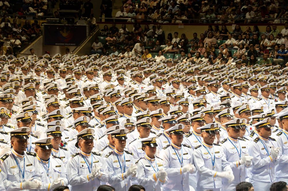 PNTC maritime graduates in white uniforms at commencement